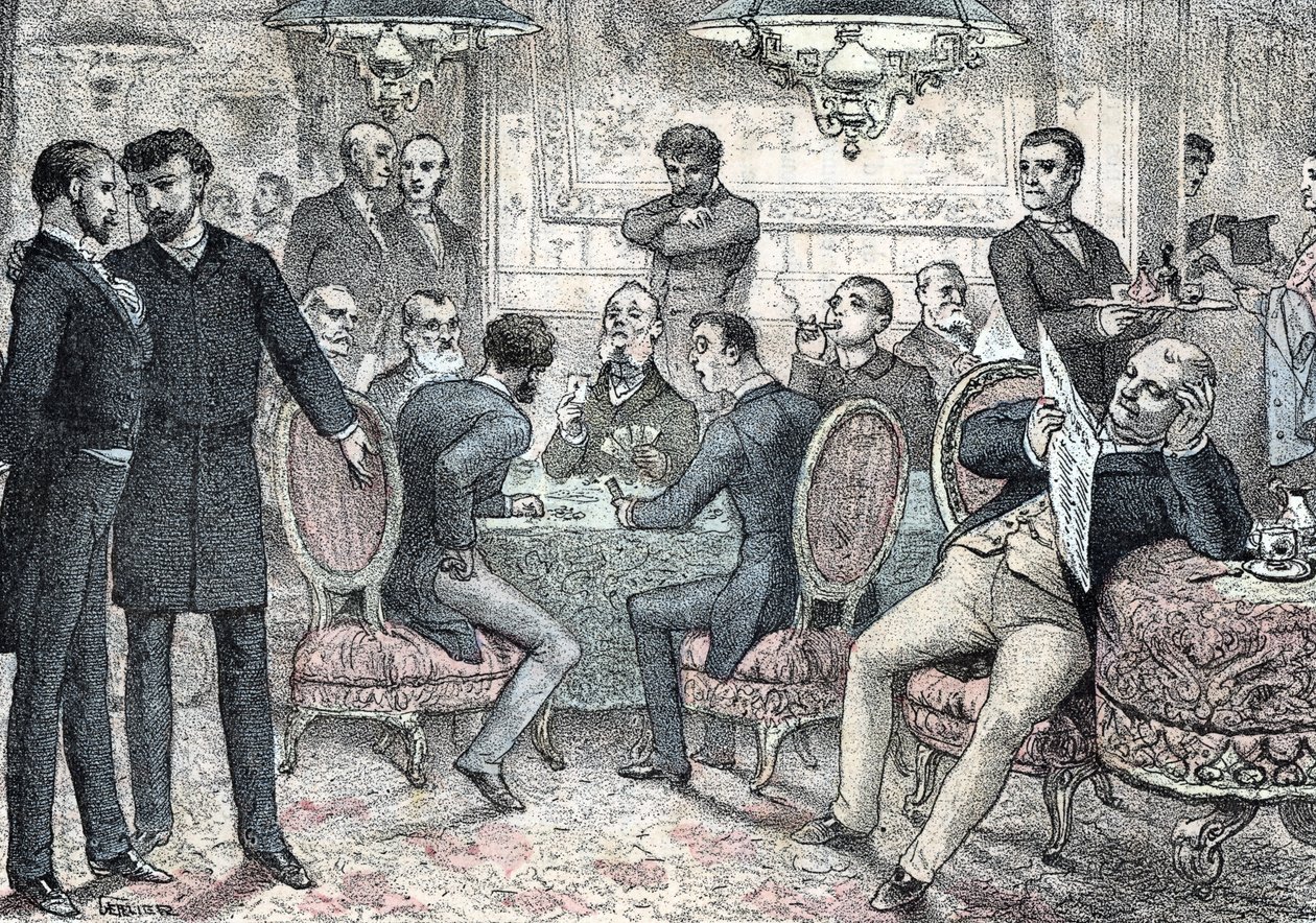 Sociedad y vida social: club masculino de juegos y apuestas grabado de "Les besoins de la vie" de Rengade de Gerlier Gerlier