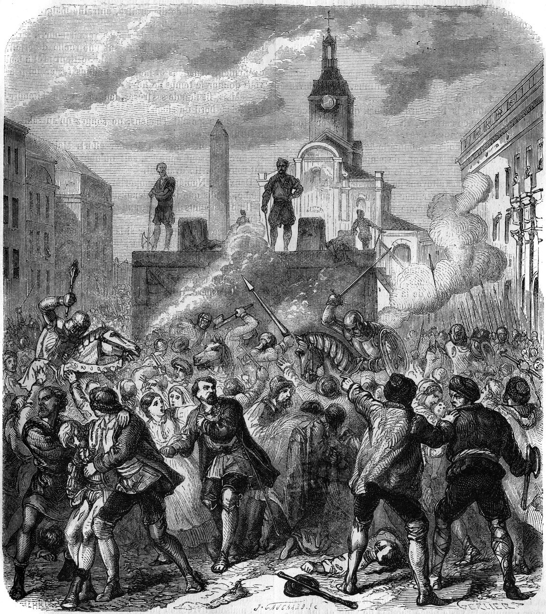 Matanza de Estocolmo, masacres de líderes de la resistencia nacional sueca ordenadas por el rey Christian II de Dinamarca, 8 de noviembre de 1520: el ejército intenta calmar la ira de la población, obligada a presenciar las ejecuciones. Grabado por Gerlier de Gerlier Gerlier