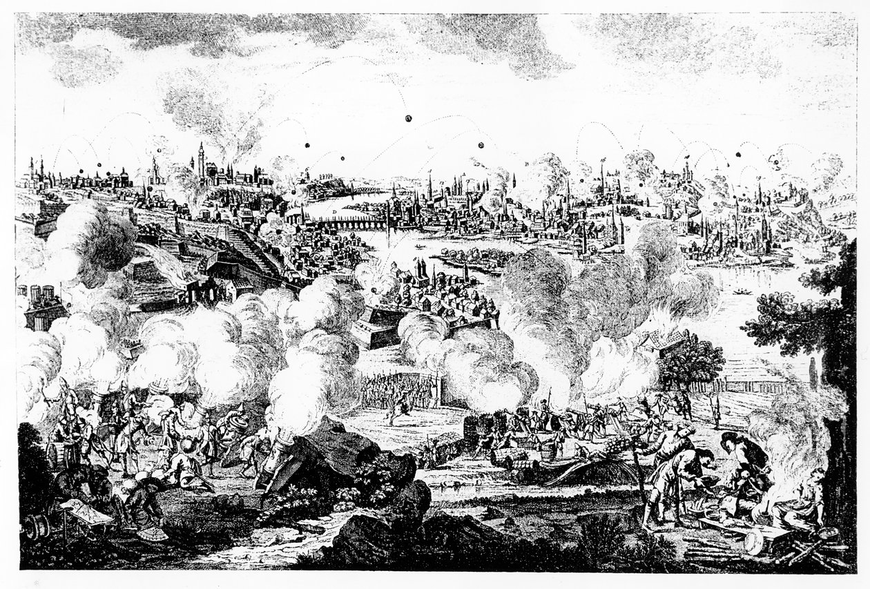 Bombardeo de Praga durante la noche del 29 y 30 de mayo de 1757, grabado por P. Benazech de German School