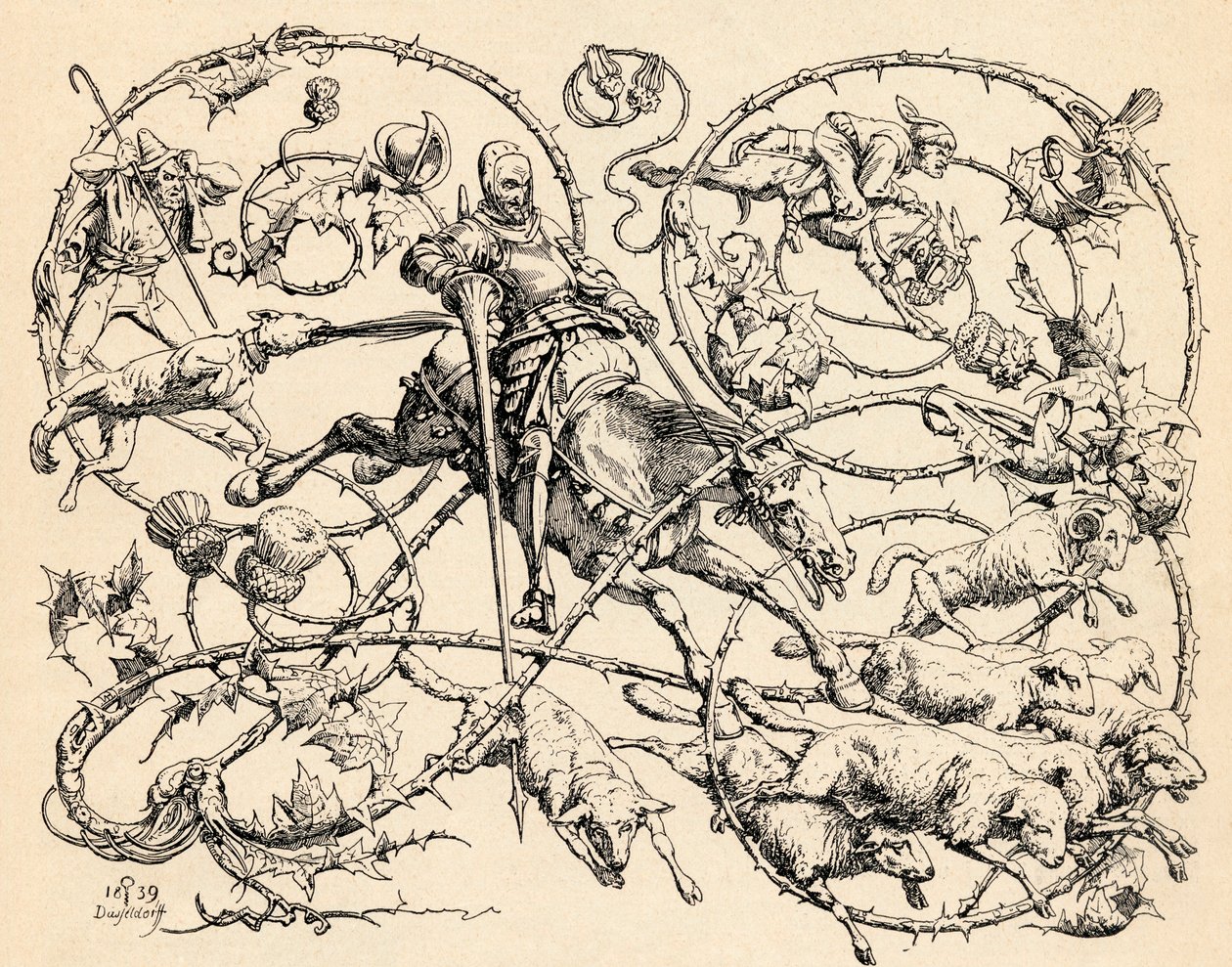 Don Quijote luchando contra el rebaño de ovejas, confundiéndolas con dos ejércitos, 1839, de 