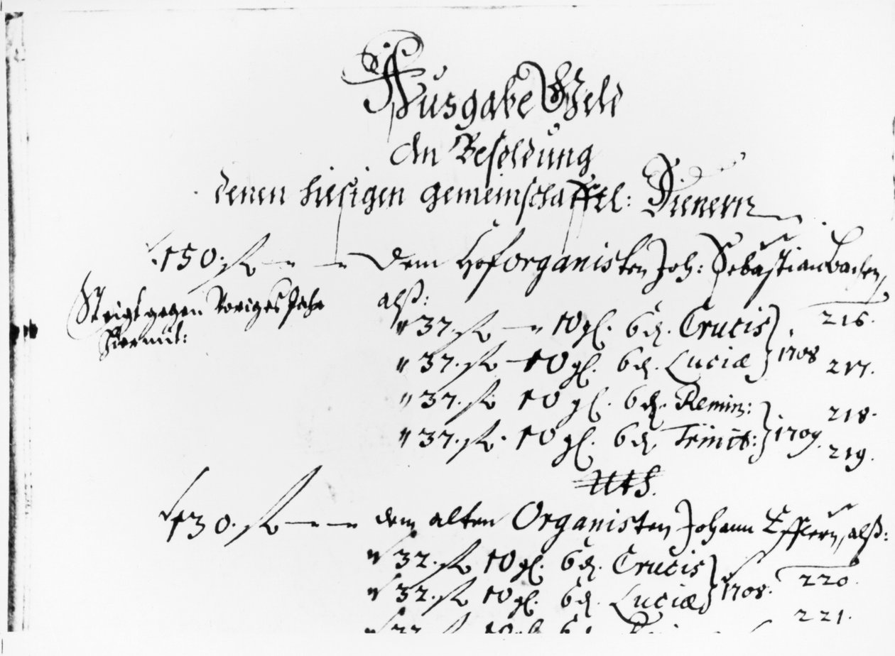 Extracto del pago salarial de J.S. Bach para 1708-09 (pluma sobre papel) de German School