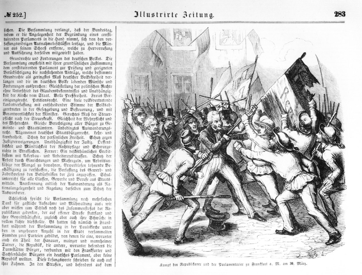 Lucha entre los republicanos y los miembros del Parlamento en Frankfurt-am-Main el 30 de marzo de 1848, ilustración de 