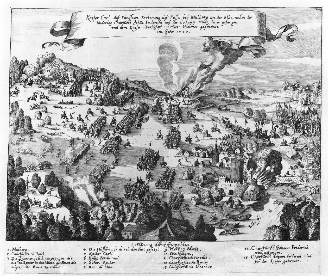 Vista general de la batalla de Mühlberg, 24 de abril de 1547 de German School