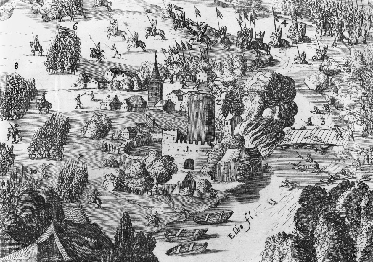 Vista general de la batalla de Mühlberg, detalle, 24 de abril de 1547 de German School