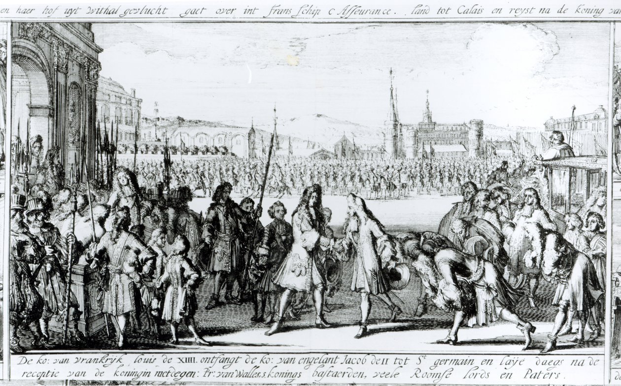 El rey Luis XIV (1638-1715) recibe a Jacobo II (1633-1701) en Saint-Germain en-Laye de German School