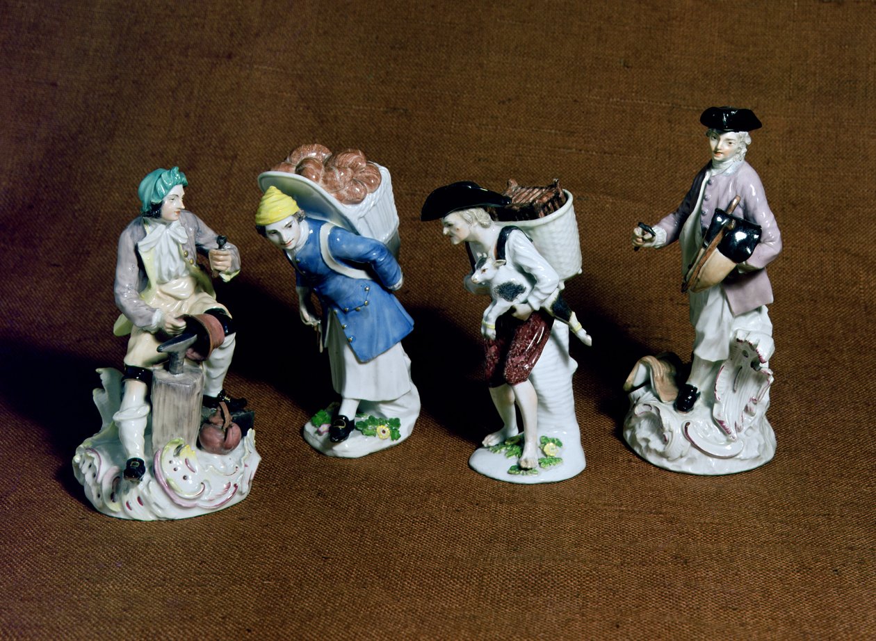 Figuras de Meissen: guarnicionero, vendedor de cabras y calderero, modeladas por Johann Joachim Kandler y un niño panadero por Peter Reinicke, c.1750 de German School