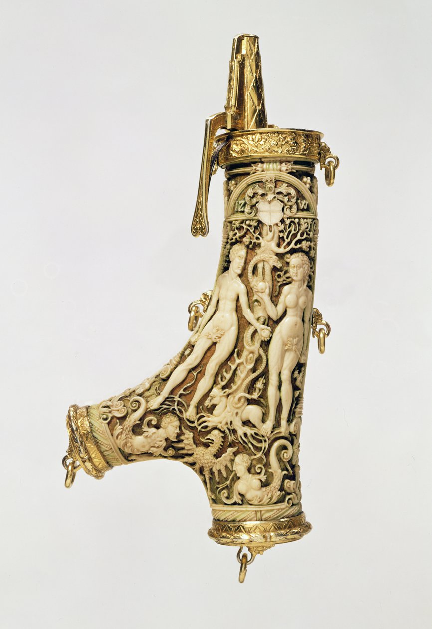 Frasco de pólvora (asta de ciervo, plata dorada y marfil) de German School