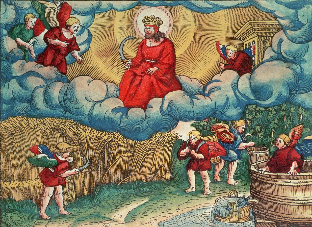 Revelaciones 14:14 El Segador, Visión del Armagedón, de la Biblia de Lutero, c.1530 de German School