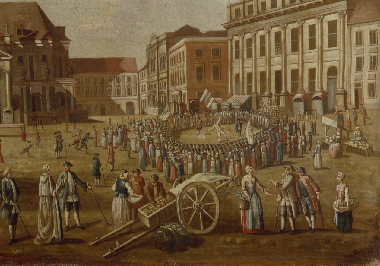 Artistas callejeros en el Alter Markt, 1771 (detalle) de German School