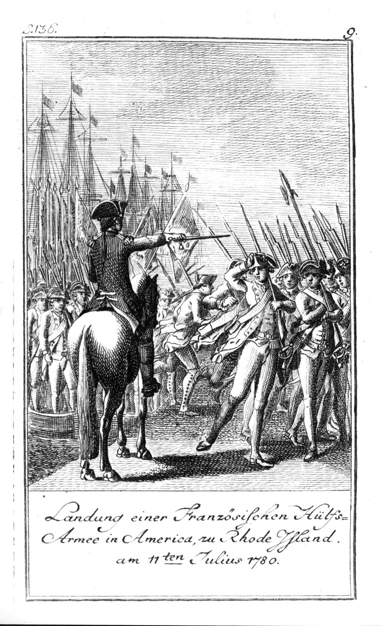Desembarco de un ejército auxiliar francés en Rhode Island, América, 11 de julio de 1780 de German School