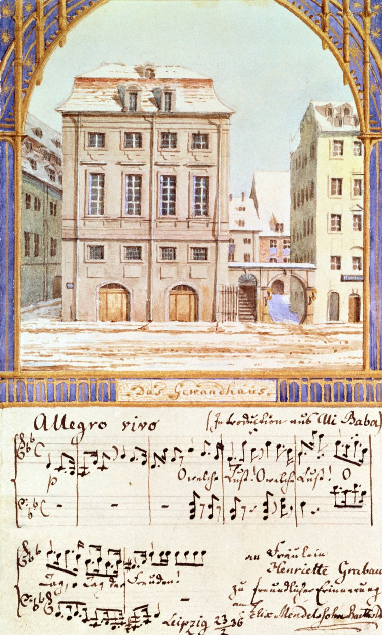 El Gewandhaus de Leipzig con una pieza de música de Felix Mendelssohn (1809-47) de German School