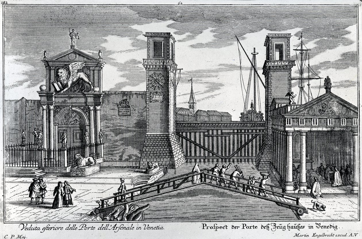 Vista de las puertas en la entrada del Arsenal en Venecia, publicado por Martin Engelbrecht, c.1740s de German School