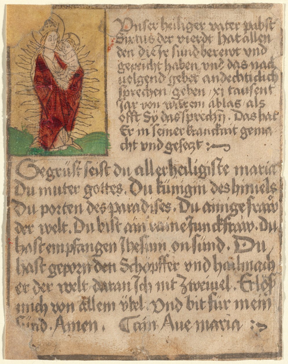 Madonna y el Niño en una gloria con una indulgencia y una oración de German 15th Century