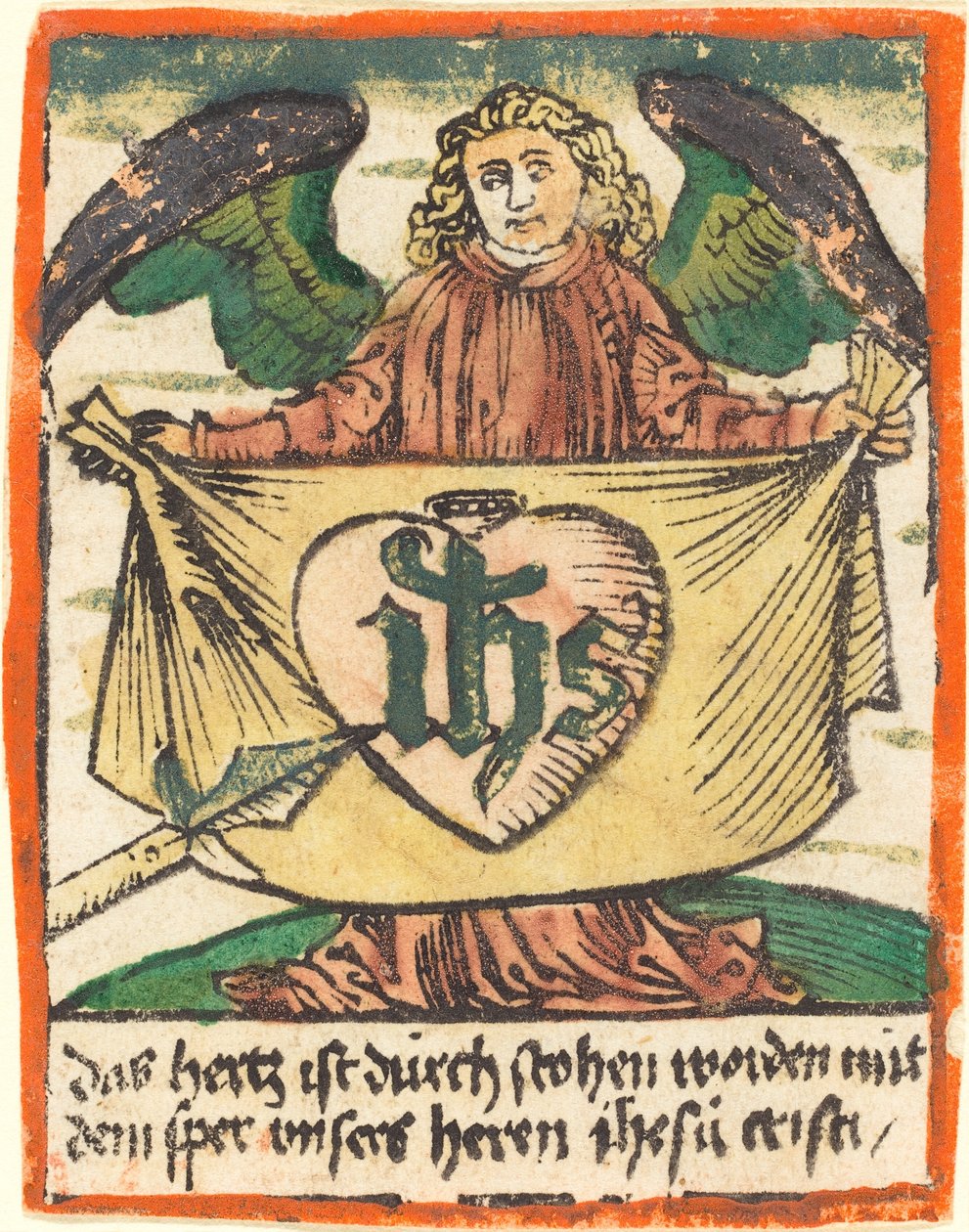 Monograma Sagrado en un Corazón Sagrado en un Paño Sostenido por un Ángel de German 15th Century