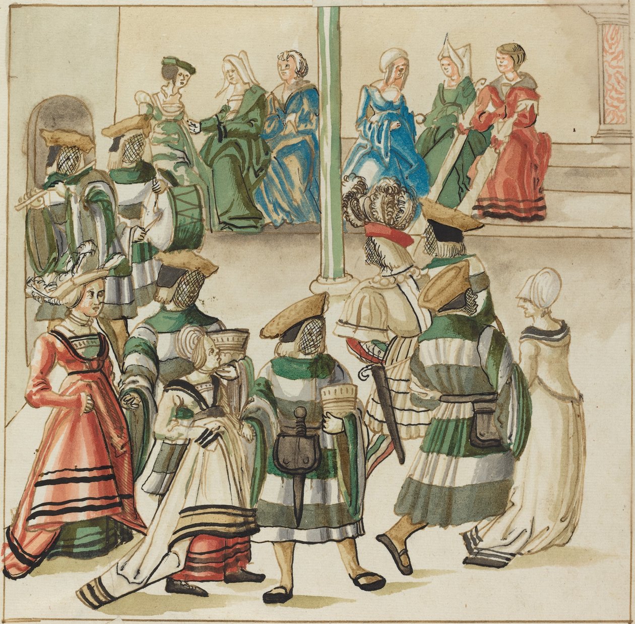 Tres parejas bailando lideradas por dos caballeros en una sala con columna de German 16th Century