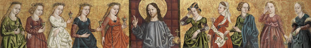 Salvator Mundi flanqueado por las vírgenes prudentes y necias, c. 1500 de German Master