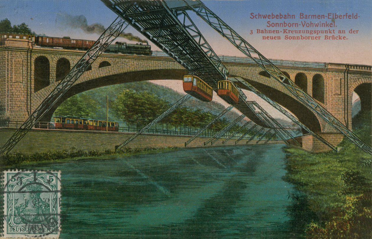Ferrocarril colgante Barmen-Elberfeld-Sonnborn-Vohwinkel y el nuevo puente Sonnborn, Alemania. Postal enviada en 1913. de German Photographer