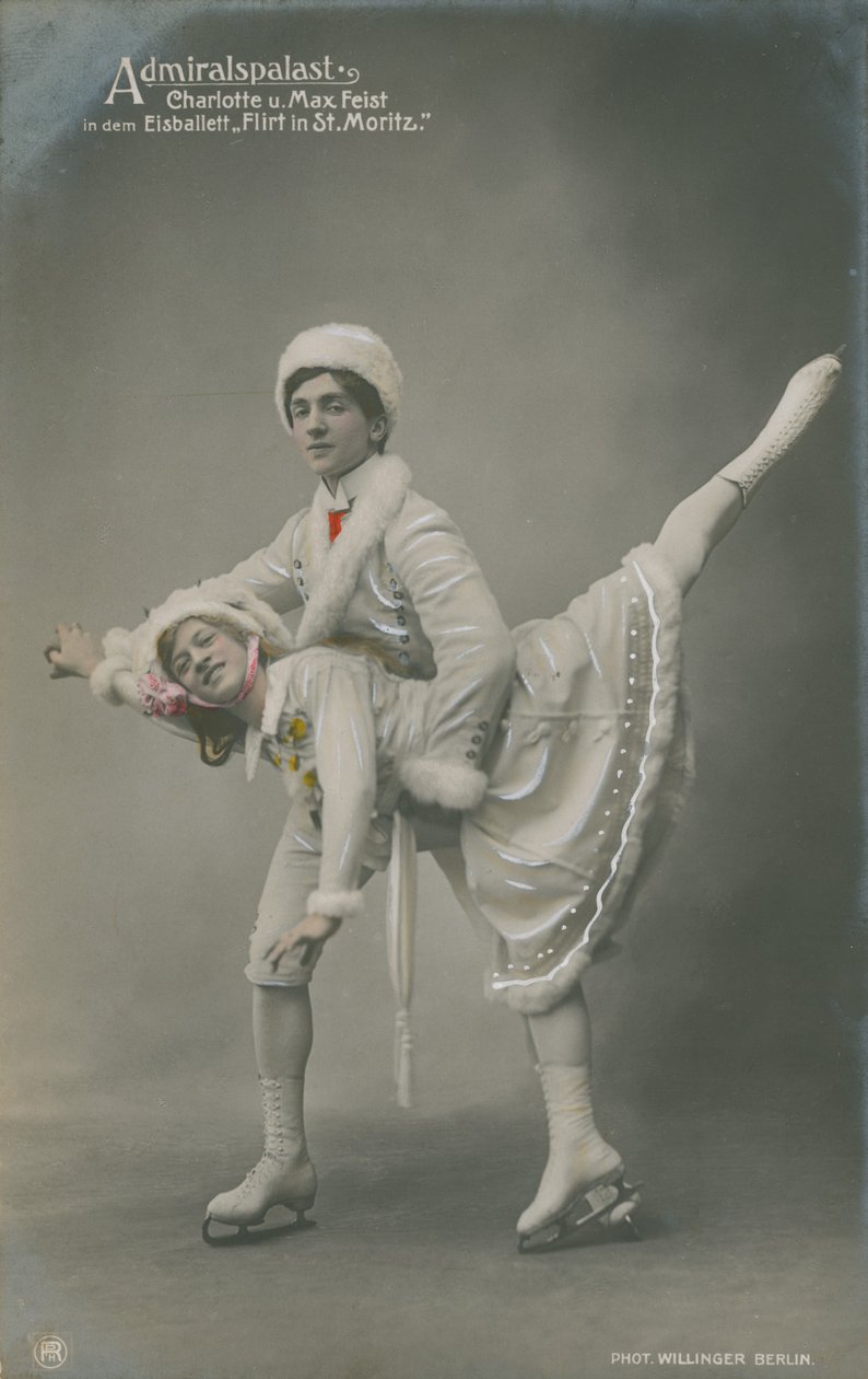Postal de patinadores sobre hielo, enviada en 1913 (foto coloreada a mano) de German Photographer