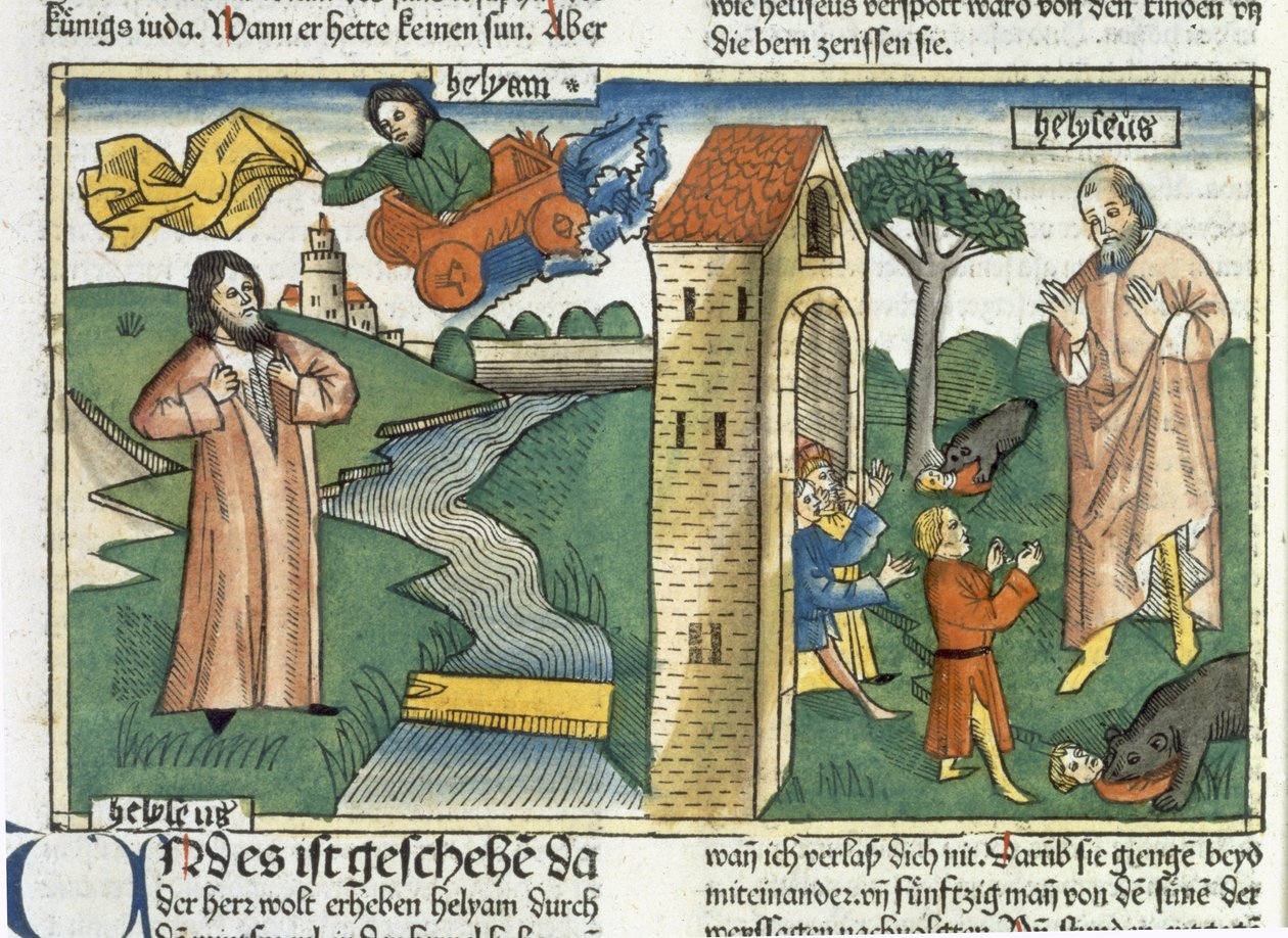 2 Reyes 2:1-24 Elías asciende al Cielo en un torbellino y los niños que se burlaron de Eliseo son devorados por osos, de la Biblia de Núremberg (Biblia Sacra Germanaica) de German School