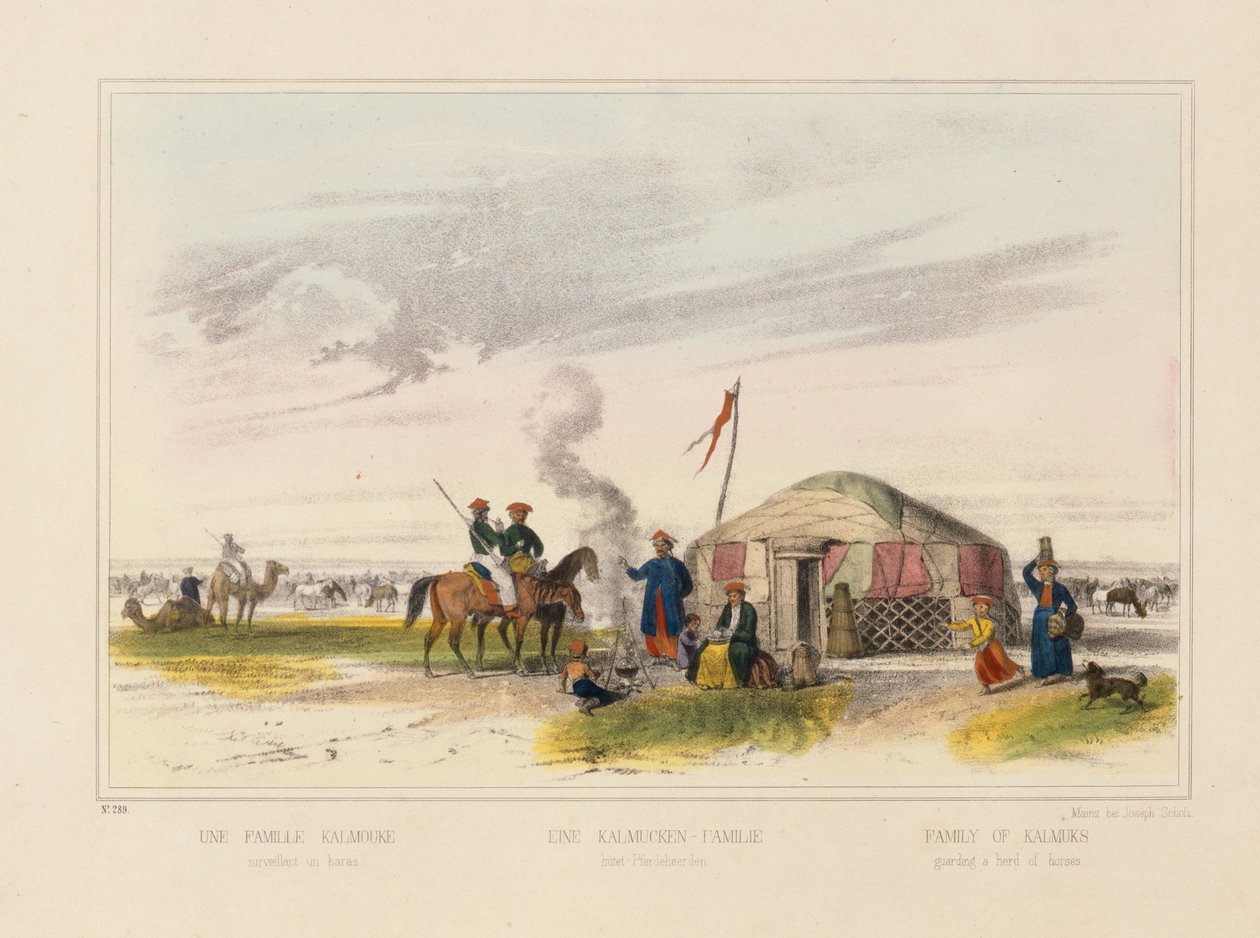 Una familia kalmuka (mongola occidental) pastoreando caballos, hoja ilustrada publicada por Joseph Scholz, Mainz, c.1860 de German School