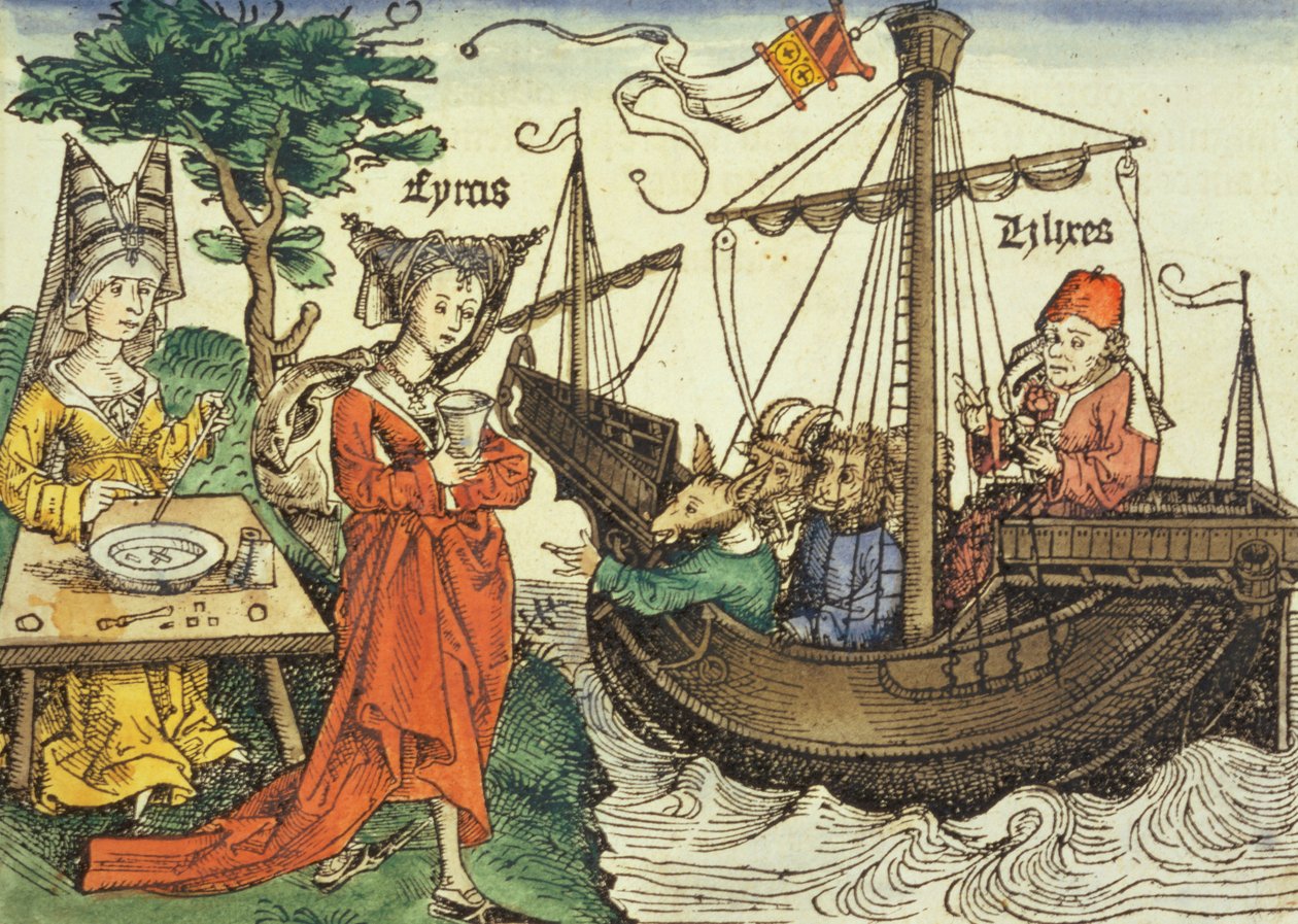 Una hechicera, probablemente Circe con la copa de veneno y Odiseo con sus compañeros, del Crónica de Núremberg por Hartmann Schedel (1440-1514) 1493 de German School
