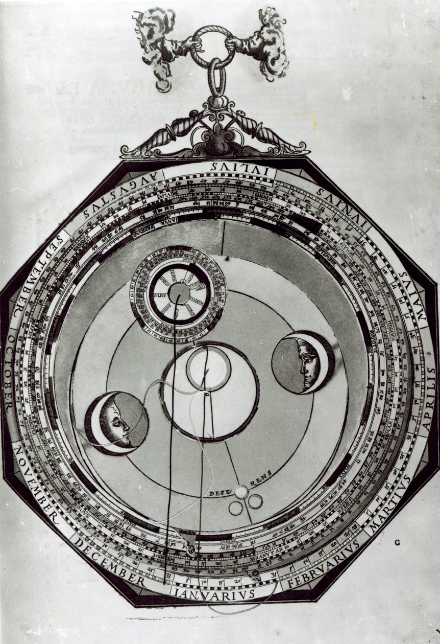 Un Volvelle, posiblemente mostrando los ciclos de la Luna, después de una ilustración de Astronomicon Caesareum por Petrus Apianus, 1540 de German School