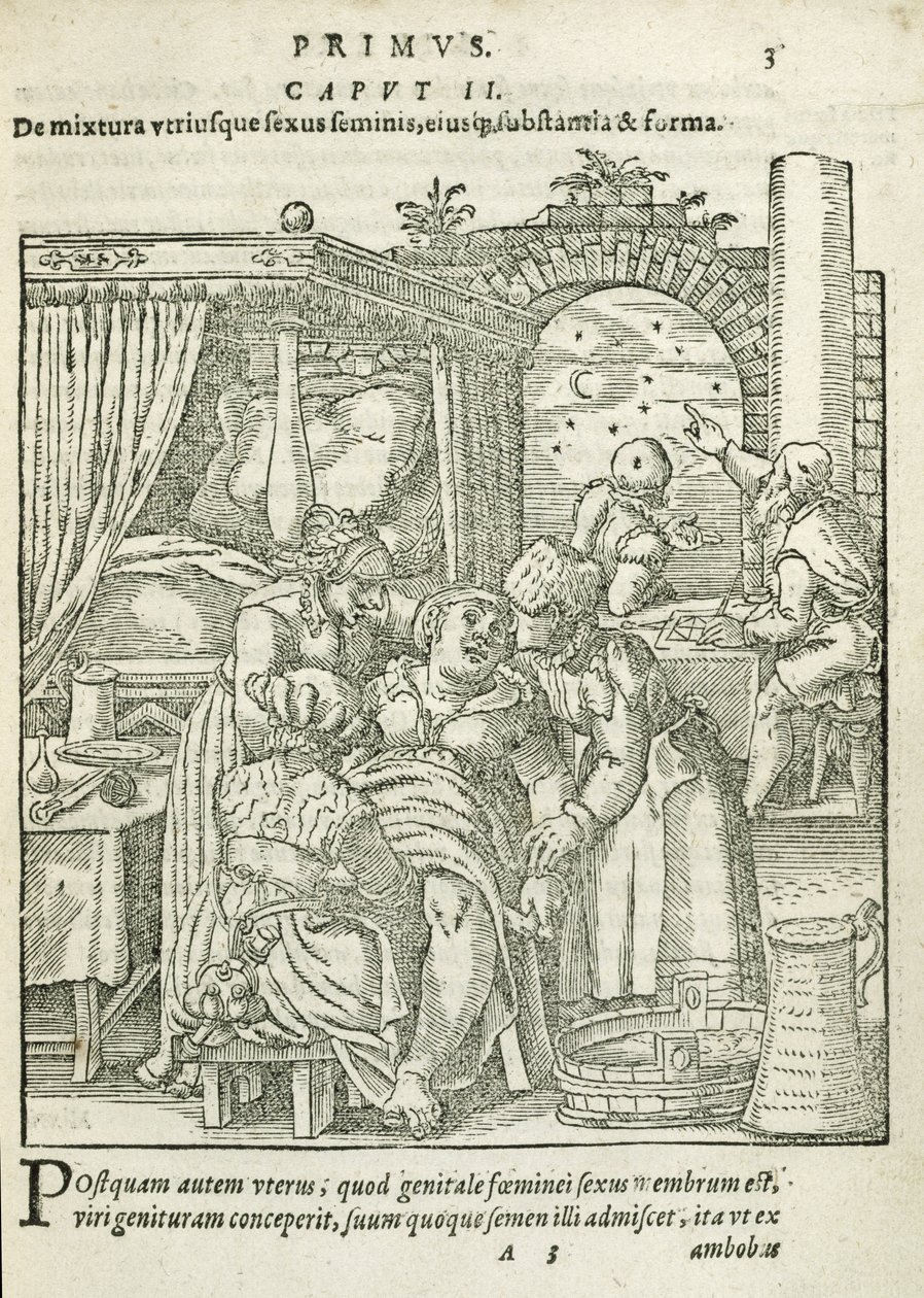 Una mujer en trabajo de parto, ilustración del capítulo 2, Libro 1 de Sobre la Concepción y el Crecimiento del Hombre por Rueff, 1587 de German School