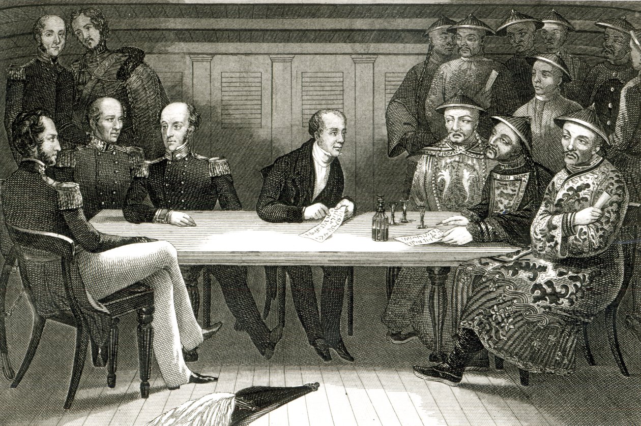 Una conferencia en Chusan entre el comodoro Bremer y Chang, un oficial chino, a bordo del HMS Wellesley, 4 de julio de 1841 de German School
