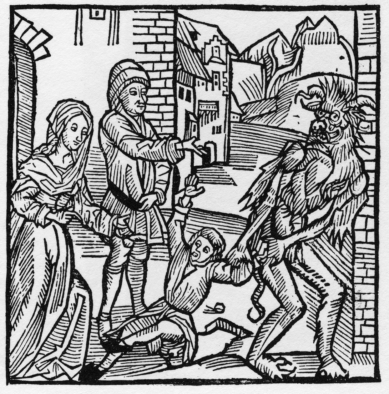 Un diablo se lleva a un niño ante los ojos de sus padres que lo habían prometido por pacto - En "Der Ritter von Turn" del Caballero Marquard vom Stein de German School