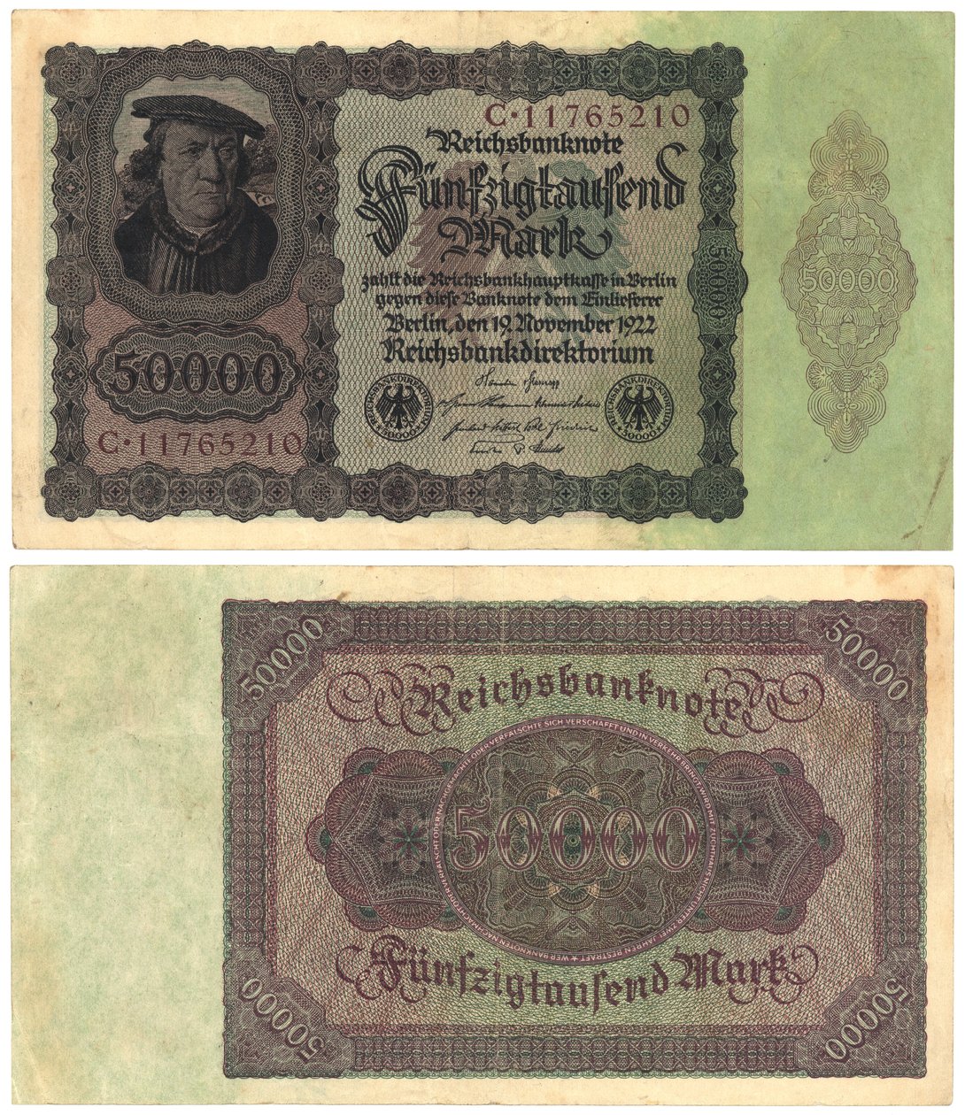 Un billete de cincuenta mil marcos, 1922 (anverso y reverso) de German School