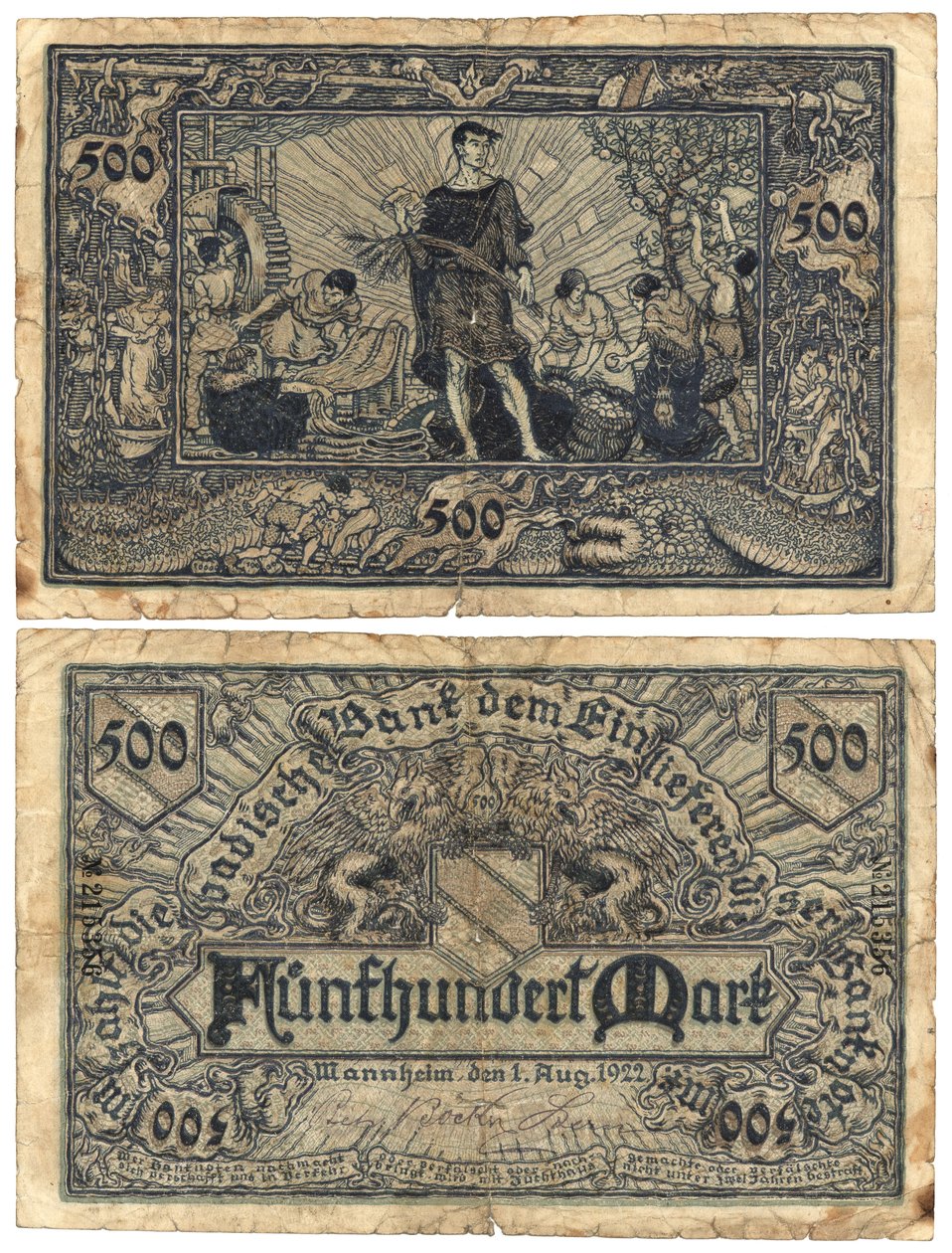 Un billete de quinientos marcos, 1922 (anverso y reverso) de German School