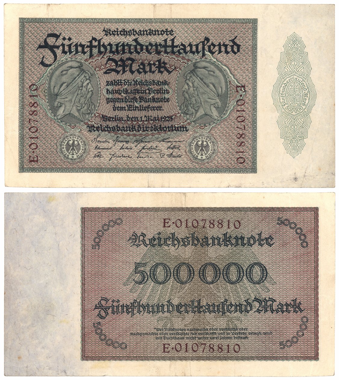 Un billete de quinientos mil marcos, 1923 (anverso y reverso) de German School