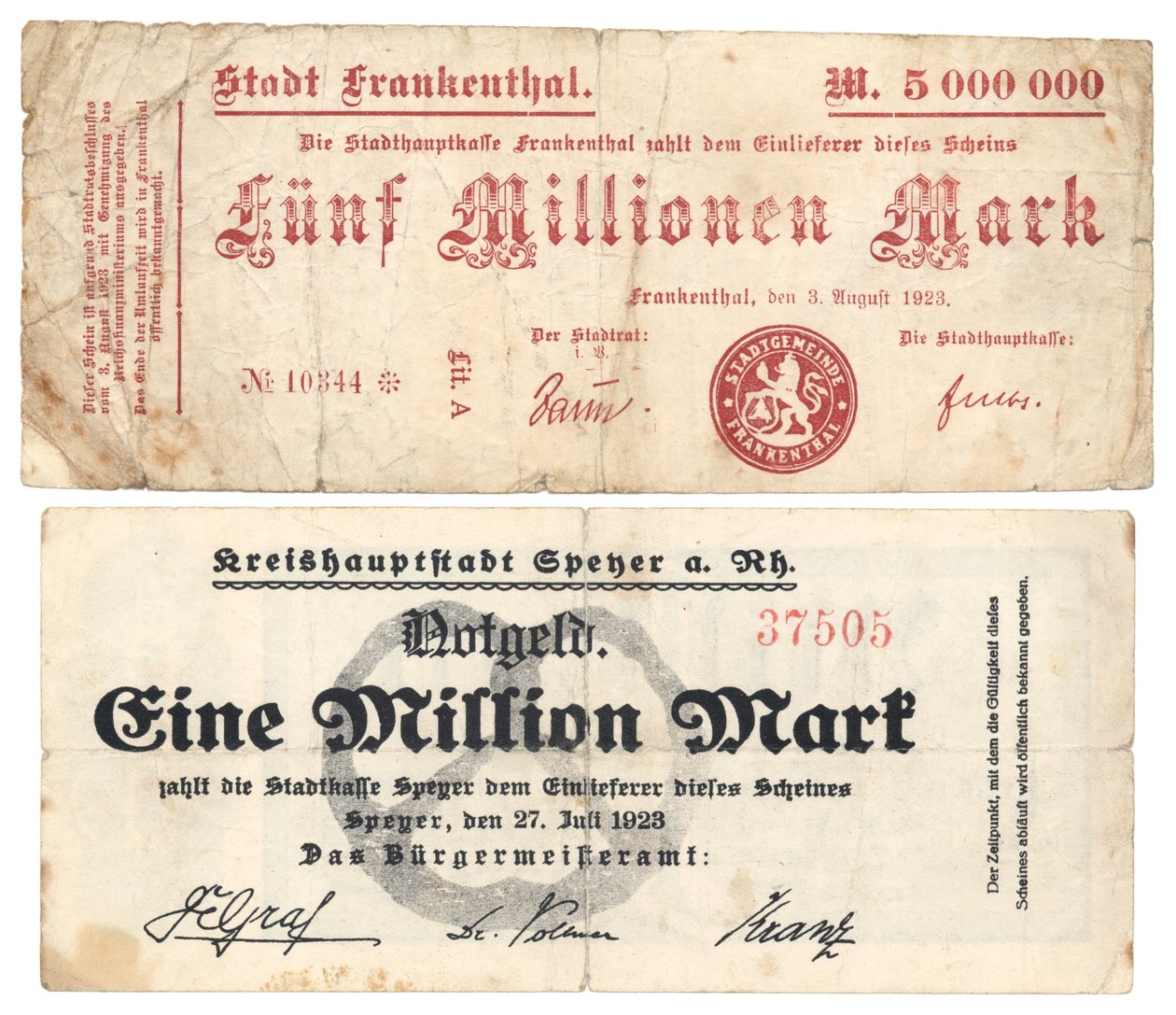 Billetes de cinco millones y un millón de marcos, 1923 de German School