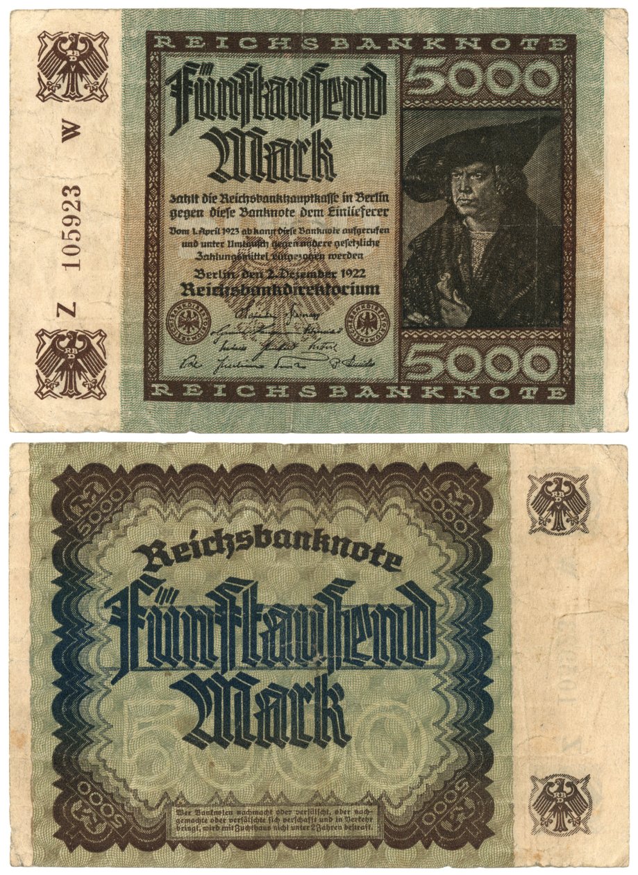 Un billete de cinco mil marcos, 1922 (anverso y reverso) de German School