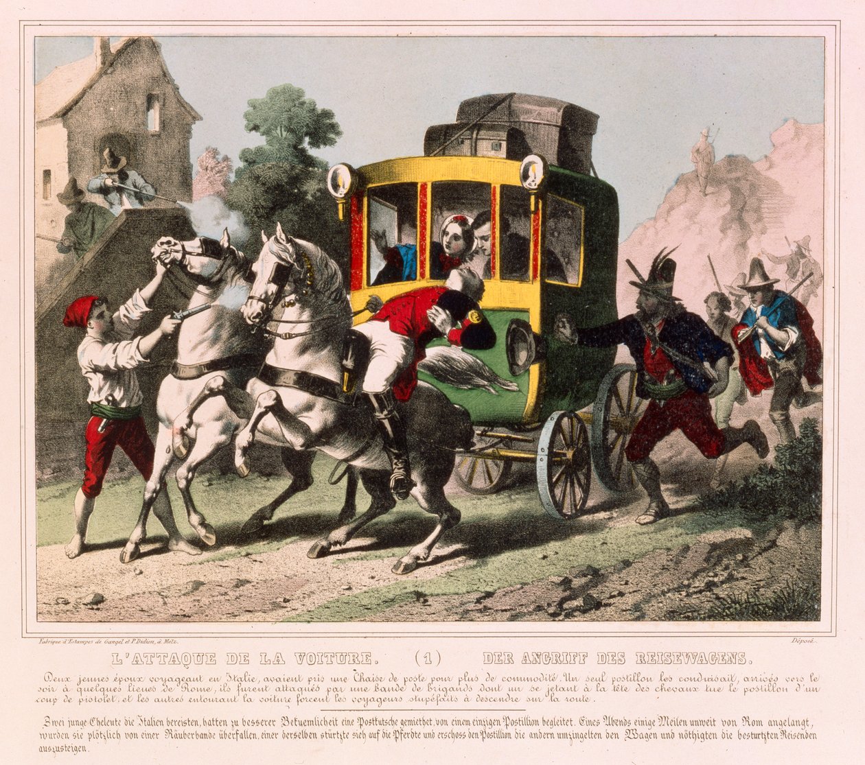 Una pareja de luna de miel es atacada por bandidos en Italia, hoja ilustrada publicada por Gangel & P. Didion, Metz, c.1850 de German School