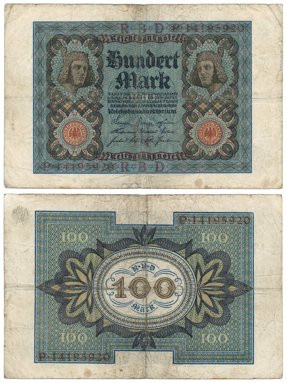 Un billete de cien marcos, 1920 (anverso y reverso) de German School