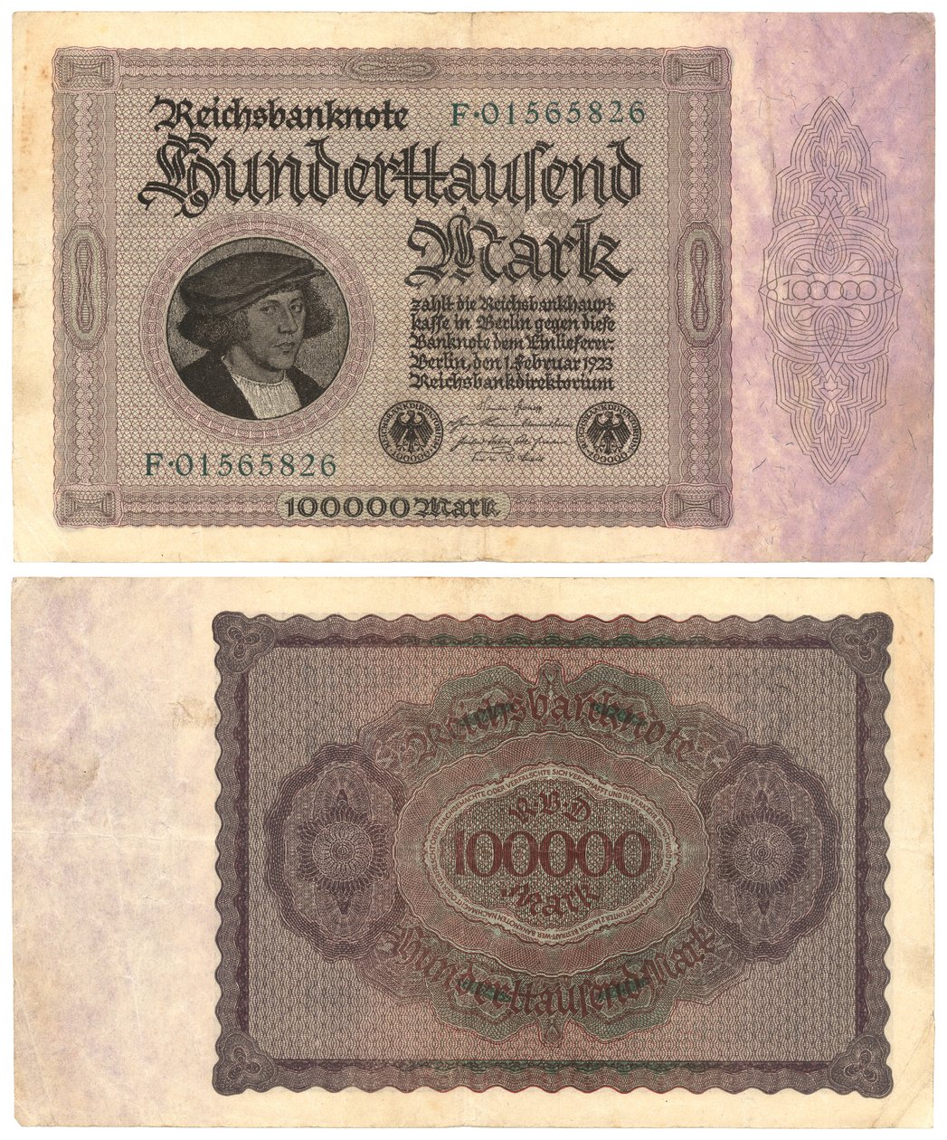 Un billete de cien mil marcos, 1923 (anverso y reverso) de German School