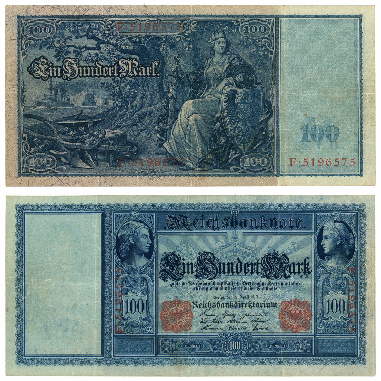 Un billete de cien marcos, 1910 (anverso y reverso) de German School