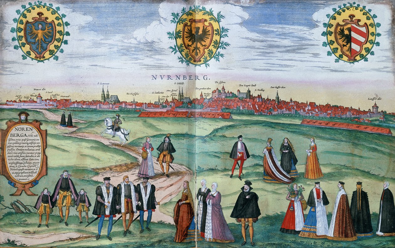 Vista panorámica de Núremberg, con figuras en trajes locales en primer plano, c.1575 de German School