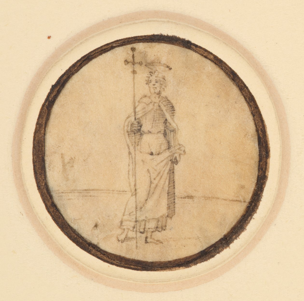 Redondel que representa a Cristo con un largo manto sujeto al cuello sosteniendo una cruz procesional. de German School