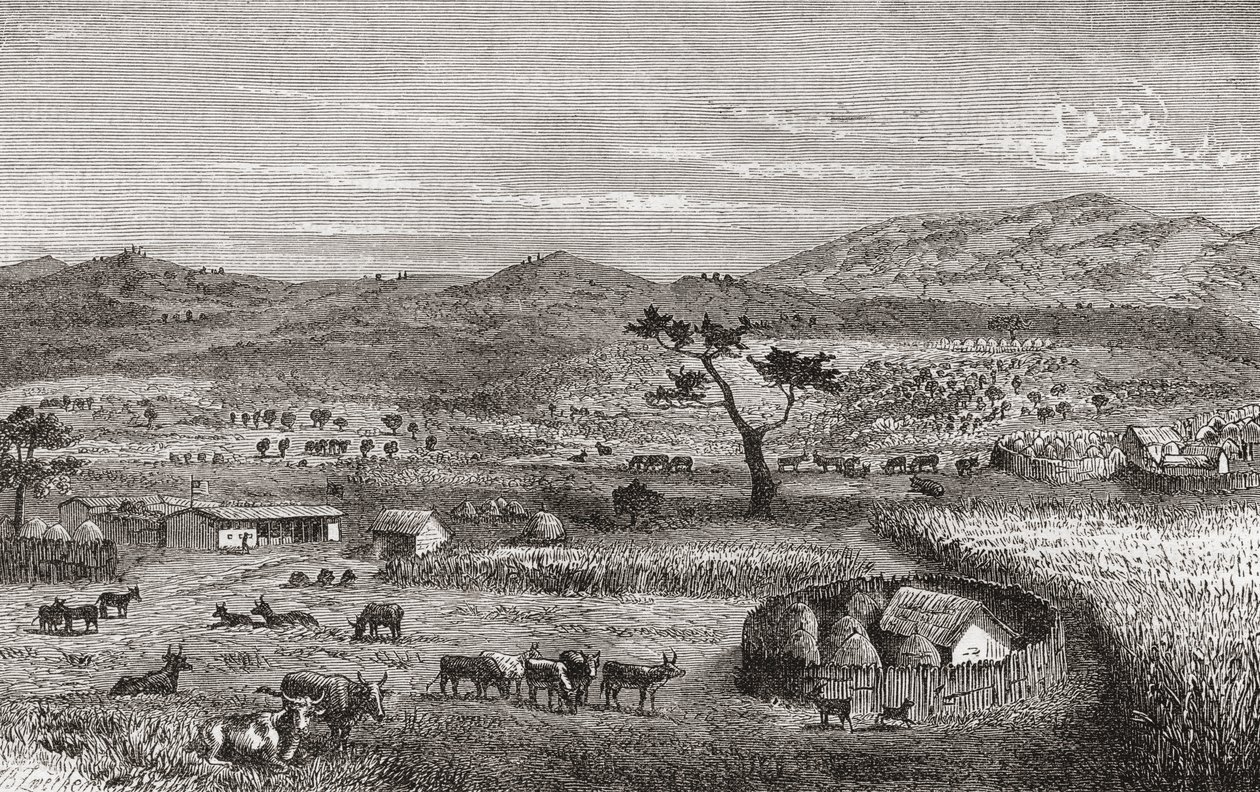 Un asentamiento en Kouihara, África Occidental, ilustración de 