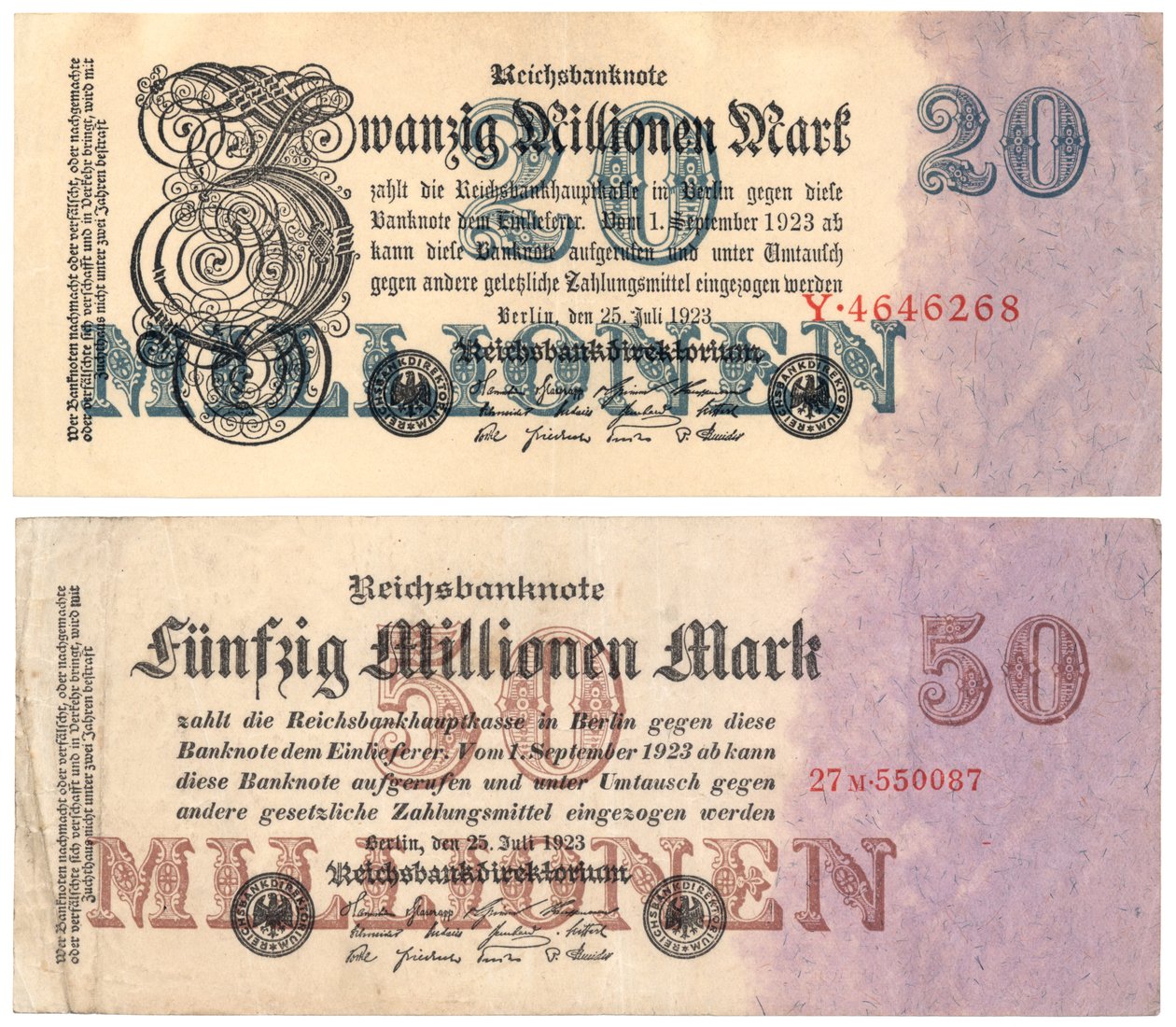Billetes de veinte y cincuenta millones de marcos, 1923 de German School