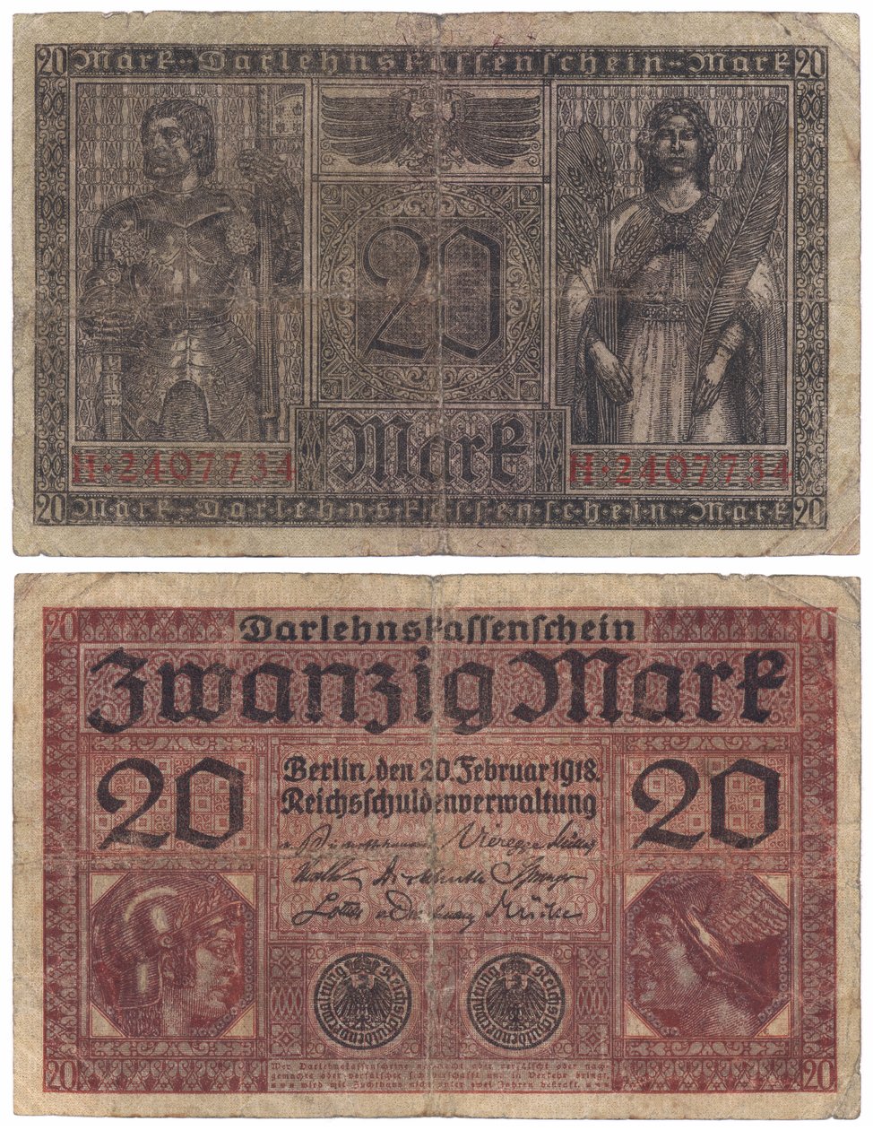 Un billete de veinte marcos, 1918 (anverso y reverso) de German School