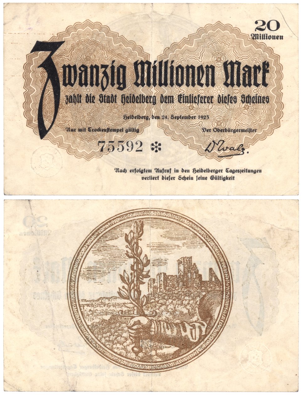 Un billete de veinte millones de marcos, 1923 (anverso y reverso) de German School