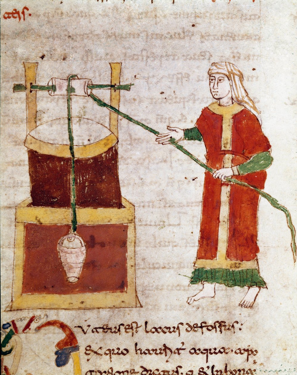 Una mujer sacando agua del pozo. Miniatura tomada del volumen De puteis del manuscrito De Universo (o De rerum naturis (De la naturaleza de las cosas)) de Rabanus Maurus Magnentius (ca. 780-856) de German School