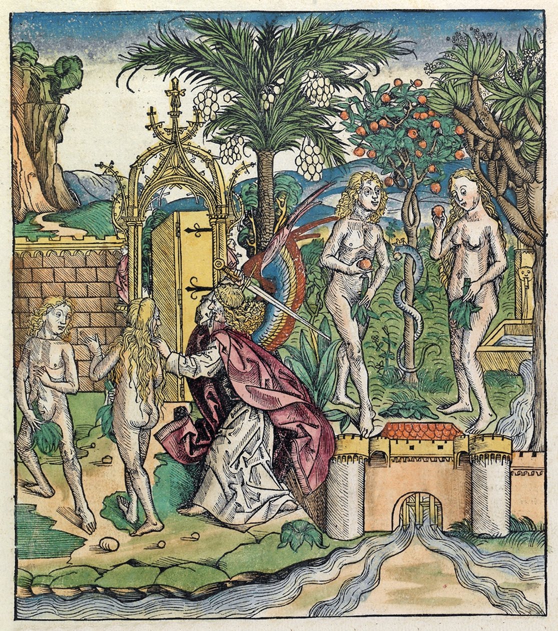 Adán y Eva siendo expulsados del Edén, publicado en la Crónica de Núremberg, 1493 de German School