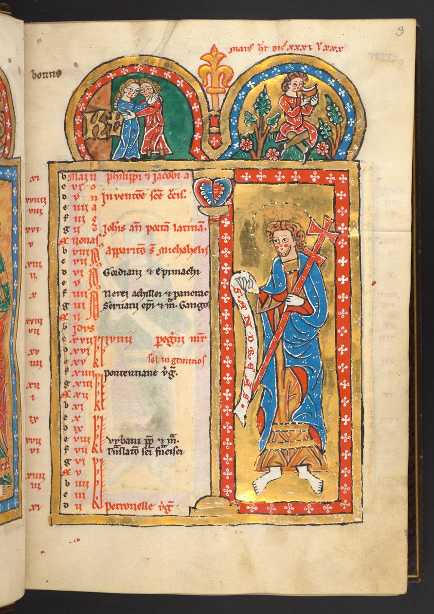 Agregar. 60629, f.3 de mayo, de 12 páginas de calendario en oro y colores, con marcos arquitectónicos que contienen cada uno un signo del zodíaco, un apóstol y un trabajo del mes (vitela) de German School