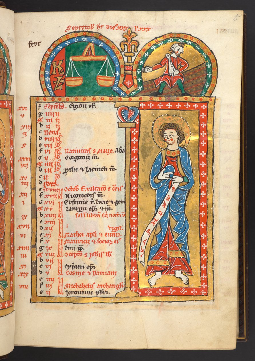 Agregar. 60629, f.5 Septiembre. 12 páginas de calendario en oro y colores, con marcos arquitectónicos que contienen cada uno un signo del zodíaco, un apóstol y un trabajo del mes.  Salterio. Salterio Iluminado con Calendario, Cánticos y Letanías para el us de German School