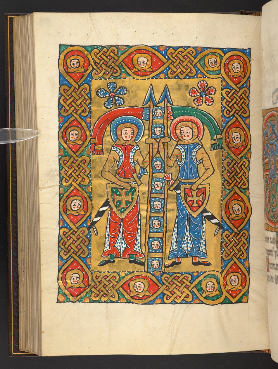 Agregar. 60629, f.84v Dos santos militares, con cabezas ajenas (vitela) de German School