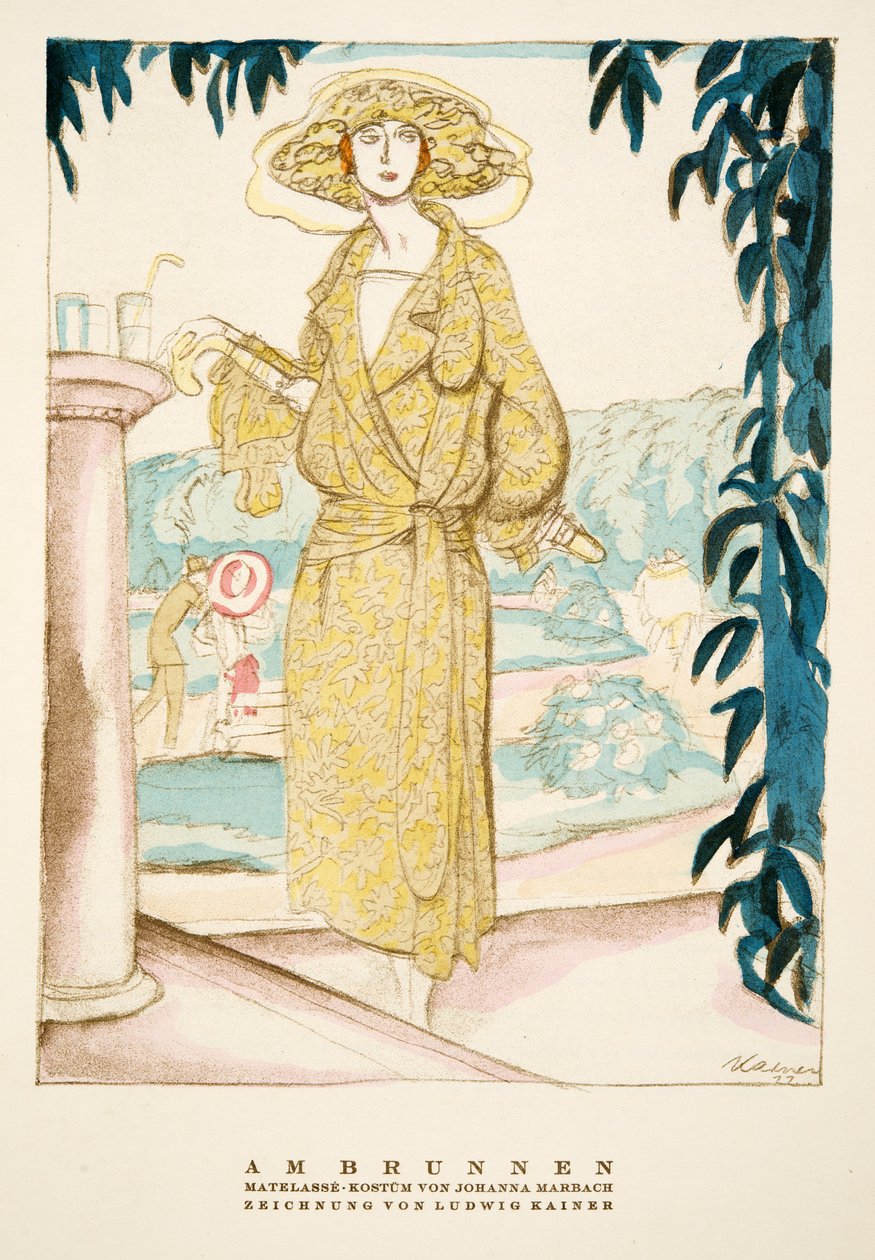 Am Brunnen, atuendo de Johanna Marbach, de Styl, pub.1922 (impresión en pochoir) de German School